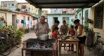 Familia cubana cocinando con carbón en el patio