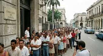 Cubanos haciendo fila frente a la embajada de Nicaragua en La Habana