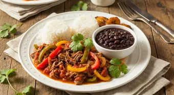 Cuban ropa vieja dish with white rice and black beans