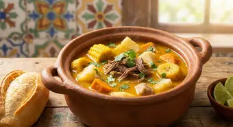Clay pot with traditional Cuban ajiaco showing viandas and tasajo in golden broth
