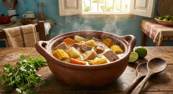 Ajiaco cubano tradicional en olla de barro con viandas, maíz y carne de cerdo