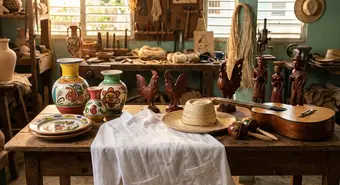 Colección de artesanías cubanas tradicionales: cerámica pintada, textiles bordados y figuras talladas en madera