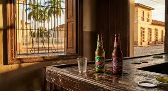 Cuban beer bottles Cristal and Bucanero at a tropical bar counter