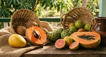 Cuban tropical fruits: mamey, mango, guava, sugar apple and papaya on wooden table