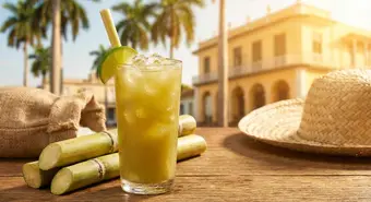 Glass of Cuban guarapo with ice and fresh sugarcane stalks