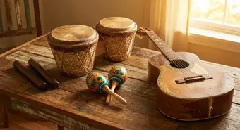 Traditional Cuban musical instruments: claves, bongos, maracas and Cuban tres on wooden surface