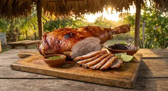 Cuban roast pork with golden crispy skin served with mojo sauce and lime