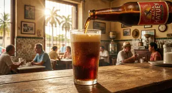 Vaso de malta cubana fría con espuma, servida en ambiente de cafetería cubana