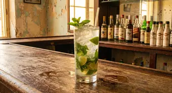 Mojito cubano clásico en vaso alto con hierbabuena, lima y ron blanco