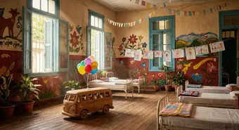 Colorful pediatric oncology ward in Cuban hospital with murals and toys