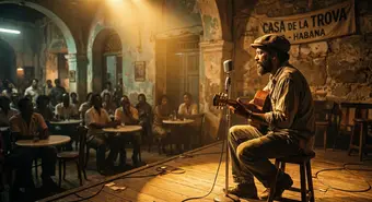 Cuban trovador playing guitar at an intimate concert in Havana