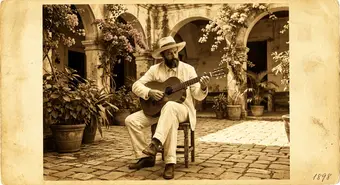 Cuban trovador with Spanish guitar in a colonial courtyard in Santiago de Cuba, evoking the romantic era of traditional trova.