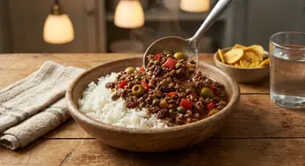 Cuban picadillo served with white rice on a traditional plate