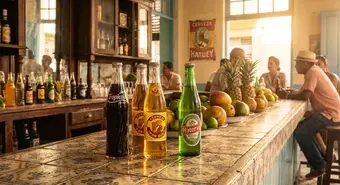 Botellas de refrescos cubanos tradicionales Tropicola, Iron Beer y Materva en un mostrador de bar habanero