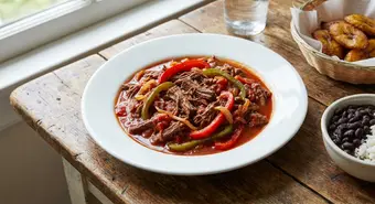 Plate of Cuban ropa vieja with shredded beef in tomato sauce with peppers