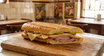 Sándwich cubano prensado con cerdo asado, jamón, queso suizo y pepinillos sobre tabla de madera