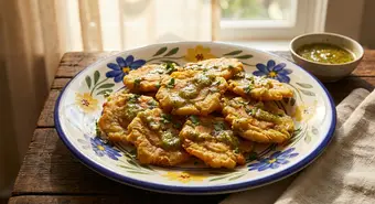 Golden crispy Cuban tostones served with mojo sauce