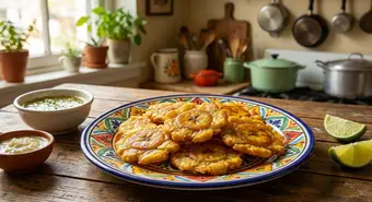 Golden crispy Cuban tostones served on a ceramic plate with garlic mojo sauce