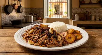 Plate of Cuban vaca frita with crispy golden beef, caramelized onions, white rice and sweet plantains