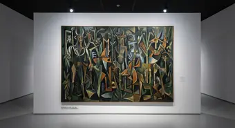 Artwork in the style of Wifredo Lam featuring Afro-Cuban figures and tropical vegetation