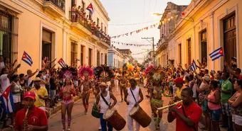 Vibrant scene from the Santiago de Cuba Carnival with comparsas dancing through the streets. AI-generated illustration.
