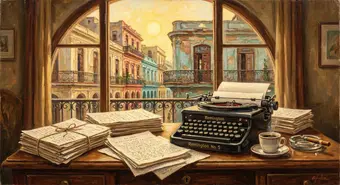 1950s Cuban writer's desk in Havana with typewriter and colonial view. Artistic illustration.