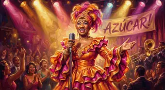 Artistic representation of Celia Cruz singing on stage in a colorful dress. AI-generated illustration.