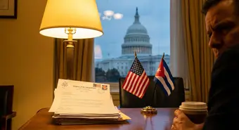Capitolio de Estados Unidos con banderas cubana y estadounidense representando la tensión política
