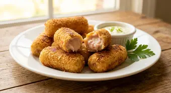 Golden crispy Cuban ham croquetas on a white plate