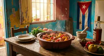Fricasé de pollo cubano en cazuela de barro con papas y aceitunas. Imagen generada por IA.