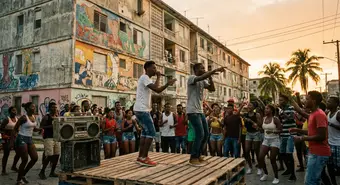 Jóvenes raperos cubanos actuando en un escenario de Alamar, La Habana, con bloques soviéticos de fondo y grafiti colorido. Ilustración.