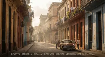 Havana street at sunset with Cuban colonial architecture. AI-generated image.