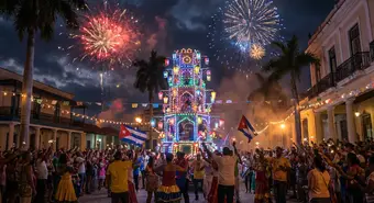 Illuminated carnival float during Las Parrandas de Remedios, Cuba. AI-generated illustration.