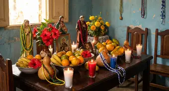 Cuban Santería altar with offerings to the orishas: fruits, candles, and colorful bead necklaces. Illustration.