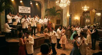 Charanga orchestra playing cha-cha-chá in a 1950s Havana dance hall. AI-generated illustration.