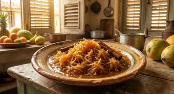 Traditional Cuban dulce de coco served on a ceramic plate with cinnamon and golden syrup