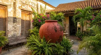 Traditional red clay tinajón in a colonial courtyard in Camagüey, Cuba. AI-generated illustration.