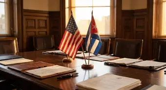Banderas de Estados Unidos y Cuba en una mesa de negociaciones diplomáticas. Fuente: Ilustración generada por IA.