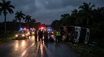 Night scene of highway accident in Cuba with emergency lights