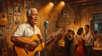 Trovador cubano tocando guitarra en una Casa de la Trova, con iluminación cálida y ambiente íntimo. Ilustración.