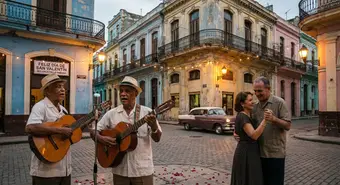 Músicos cubanos tocando boleros en una calle colonial de La Habana al atardecer. Ilustración.