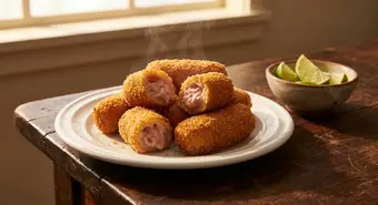 Golden crispy Cuban ham croquettes served on a white plate. AI-generated image.