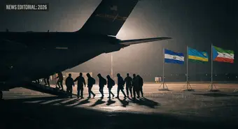 Deportation plane on runway with multiple country flags in background