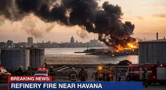 Black smoke column rising from the Ñico López refinery in Havana's bay