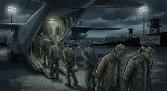 Dramatic illustration of Cuban migrants being transferred to the Guantánamo naval base
