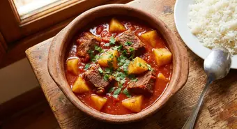 Carne con papas cubana servida en cazuela de barro con arroz blanco