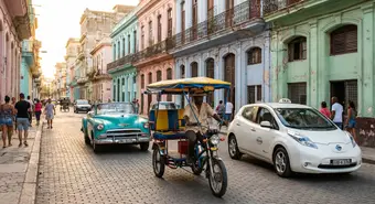 Electric tricycle on a colorful Havana street with classic architecture
