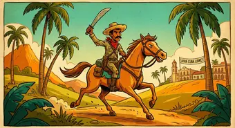 Illustration of a mambí soldier on horseback in the Cuban countryside, classic animation style. AI-generated image.