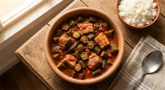 Cuban quimbombó okra stew served in a clay bowl with white rice and sweet plantains