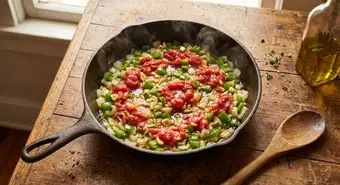 Cuban sofrito being prepared in a pan with onion, pepper, and garlic. AI-generated illustration.